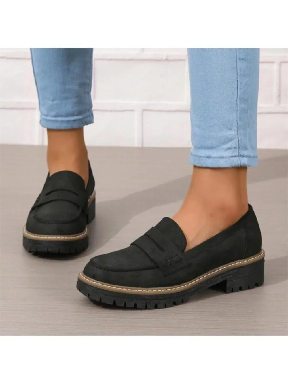Womens Black Suede Lug Sole Slip On Business Chunky Platform Penny Loafers Shoes